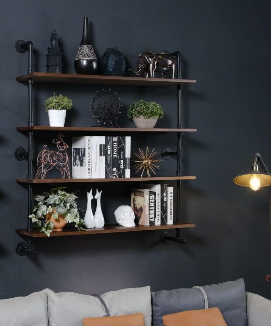 Industrial Pipe Wall Shelves With Real Wood Plank, 48 Inches Floating Shelves for Wall, 4 Tier