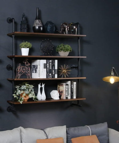 Industrial Pipe Wall Shelves With Real Wood Plank, 48 Inches Floating Shelves for Wall, 4 Tier