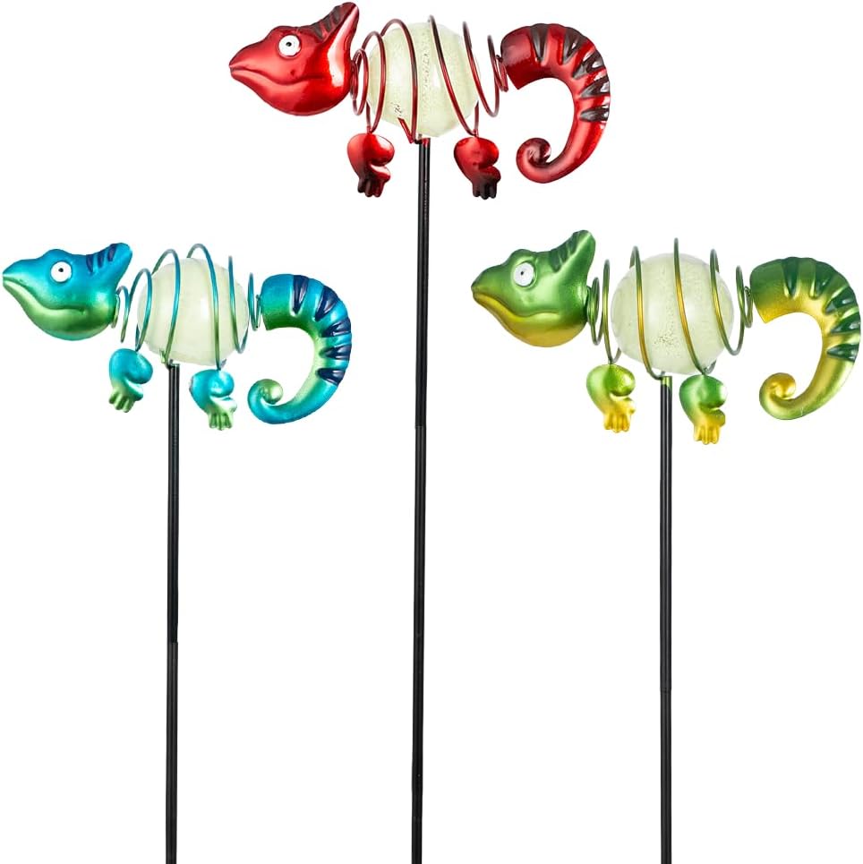 3 Pack Garden Stakes Decorative,Cute Chameleons Glow in The Dark Metal Garden Decor,Waterproof