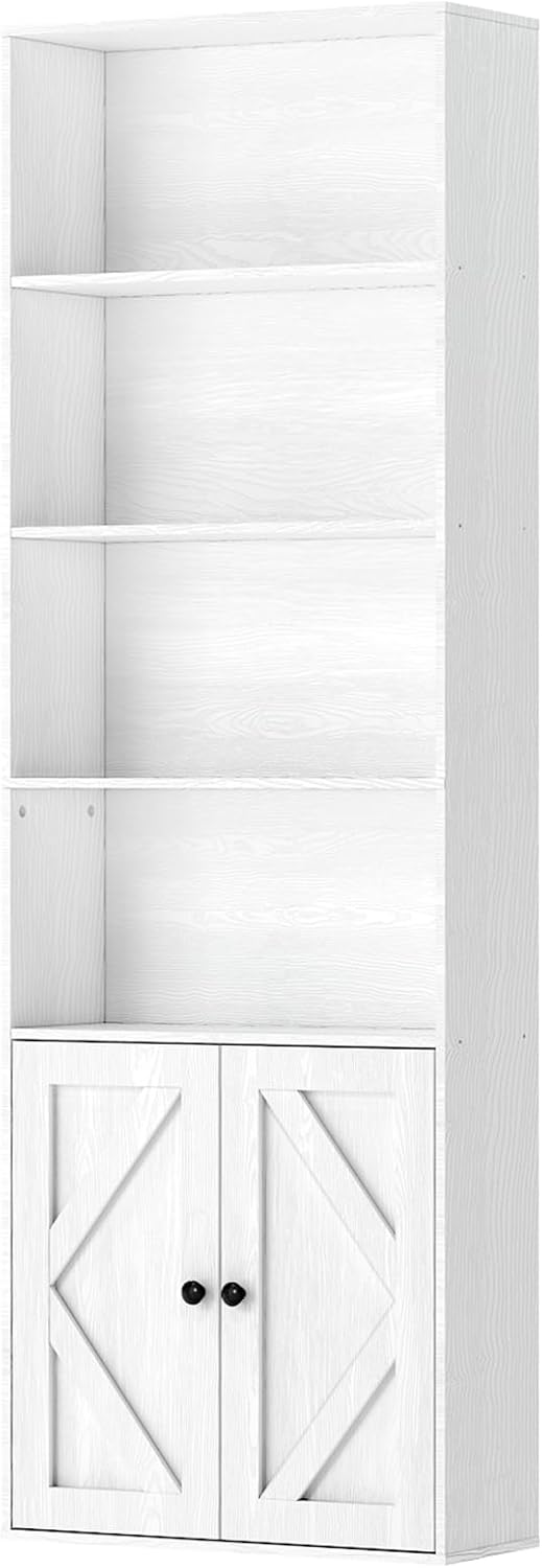 Tall White Bookcase with Doors – Wooden Bookshelf with Storage Cabinet & Shelves for Living Room