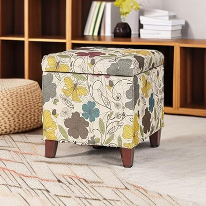 Adeco 18 Inch High Cube Ottoman Storage, Floral Printed Linen Chair Foot Stools, Upholstered Vanity