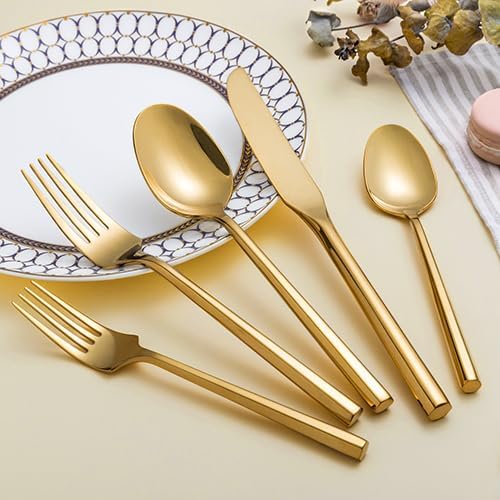 Gold Silverware Set Flatware Set Stainless Steel Cutlery Set 60 Pieces Thick Heavy Hexagon Handle