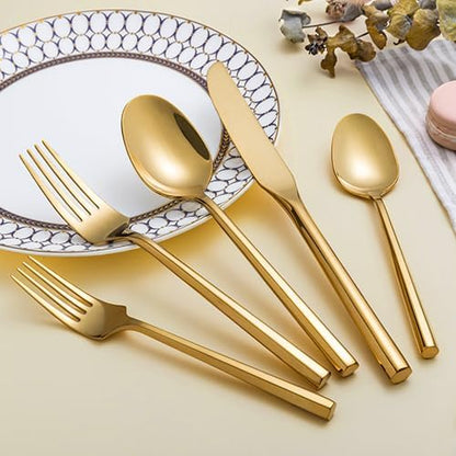 Gold Silverware Set Flatware Set Stainless Steel Cutlery Set 60 Pieces Thick Heavy Hexagon Handle