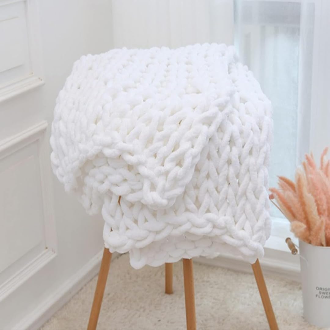 Chunky Knit Blanket Throw 40"×40", Hand Knitted Warm Chenille Throw Blanket, Home Decor Soft Thick