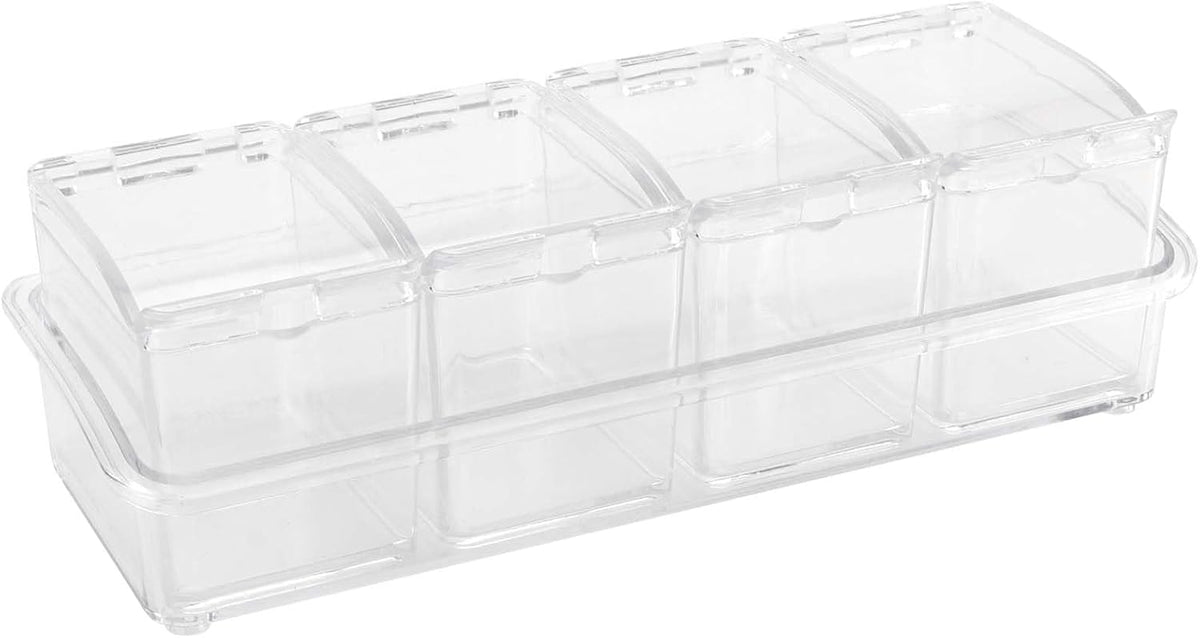 JAPCHET 3 Pack 4 Cell Clear Seasoning Box with Spoons, 10.2 × 3.54 × 3 inch Seasoning Storage