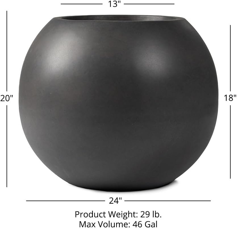 Ash & Ember Onyx 24" D Ceramic Indoor Outdoor Round Sphere Planter, Charcoal, Home Décor Evergreen
