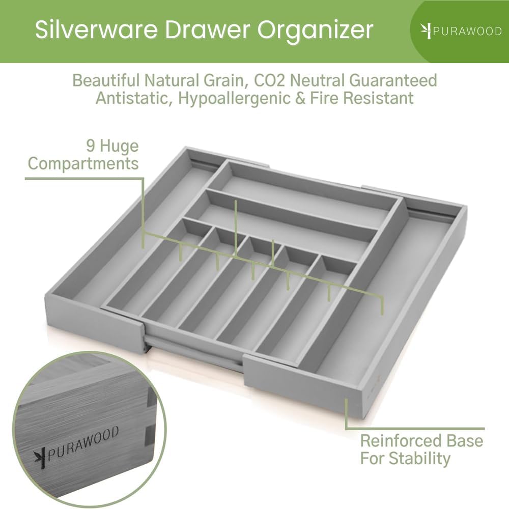 Purawood Bamboo Drawer Organizer - Expandable Silverware Organizer & Utensil Organizer, Cutlery
