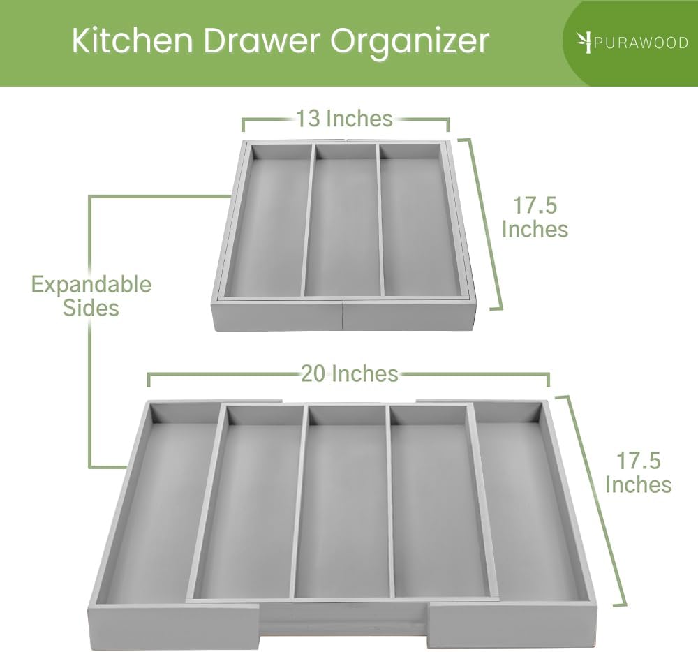 Purawood Kitchen Drawer Organizer - Expandable Utensil Drawer Organizer for Kitchen, Cutlery Tray &