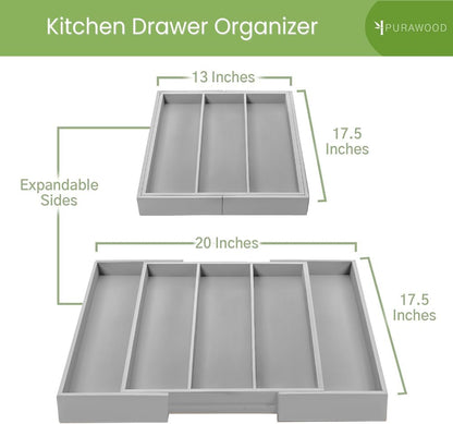 Purawood Kitchen Drawer Organizer - Expandable Utensil Drawer Organizer for Kitchen, Cutlery Tray &