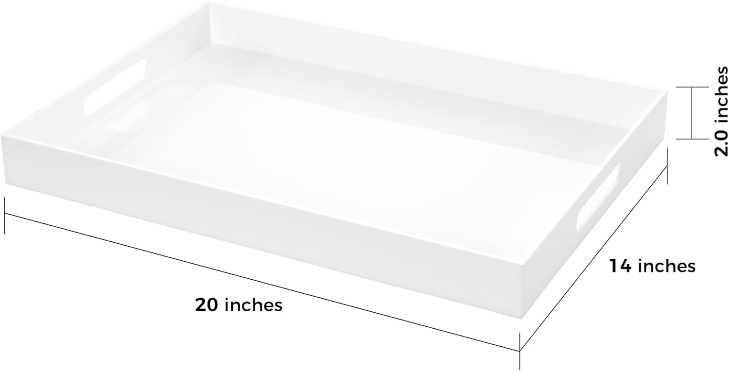 White Rectangular 14x20 Inches Acrylic Ottoman Tray Decorative Serving Tray with Cutout Handles
