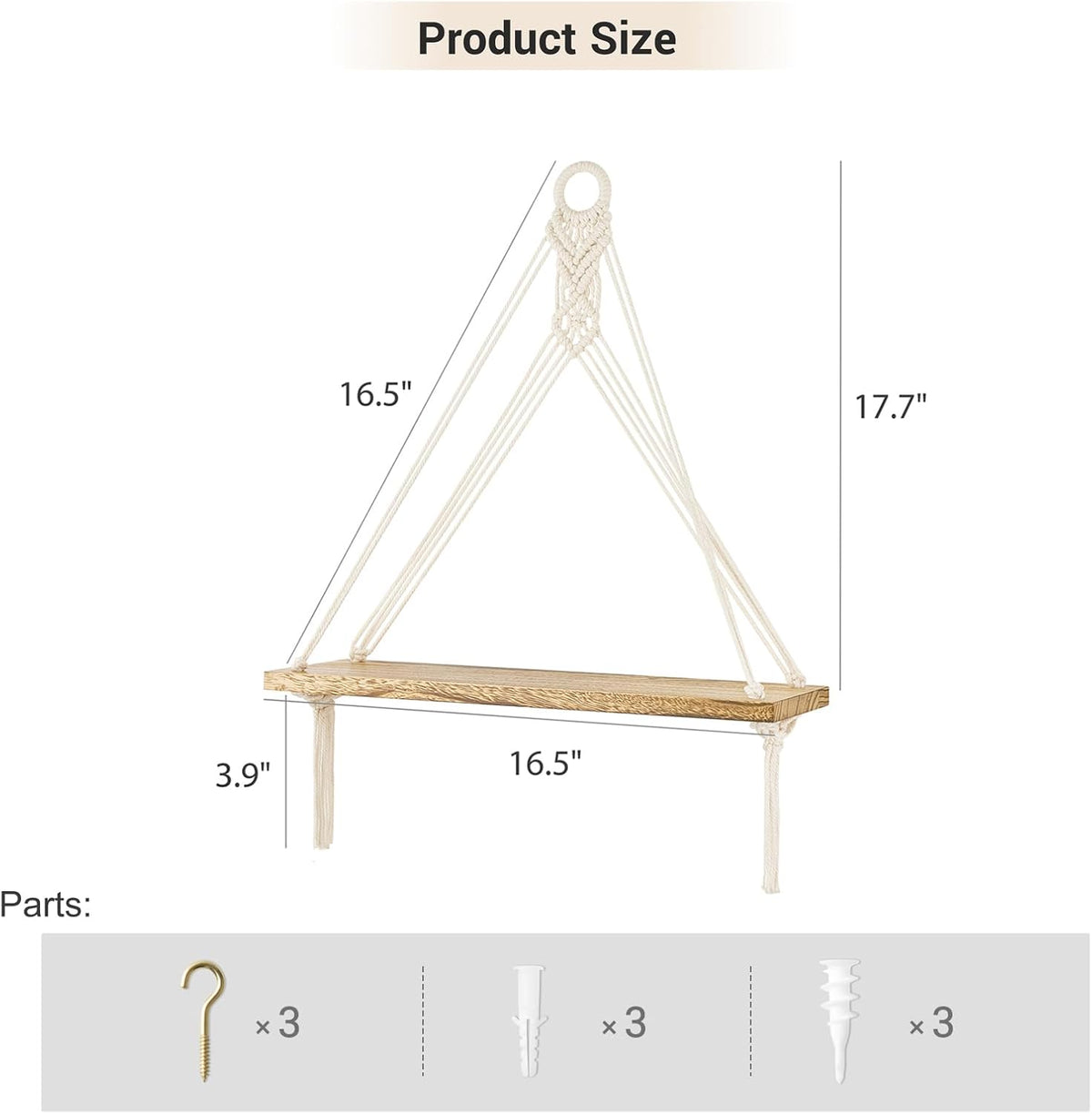 Mkono Macrame Hanging Shelves Boho Wall Decor Set of 3 Rustic Wood Floating Storage Shelf for