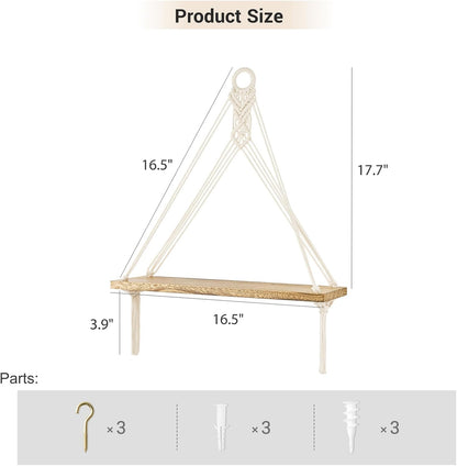 Mkono Macrame Hanging Shelves Boho Wall Decor Set of 3 Rustic Wood Floating Storage Shelf for