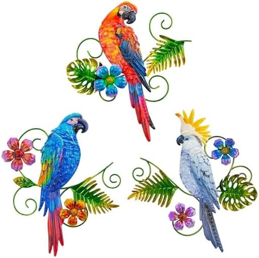 Metal Colorful Parrots Wall Art, 12 Inches Parrot Large Hanging Outside Decoration 3 Pack, Metal