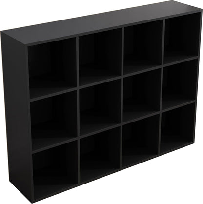 12-Cube Storage Shelf Bookcase - Wooden 3-Tier Floor Standing Open Bookshelf for Home and Office