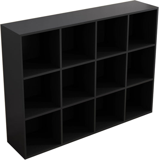 12-Cube Storage Shelf Bookcase - Wooden 3-Tier Floor Standing Open Bookshelf for Home and Office