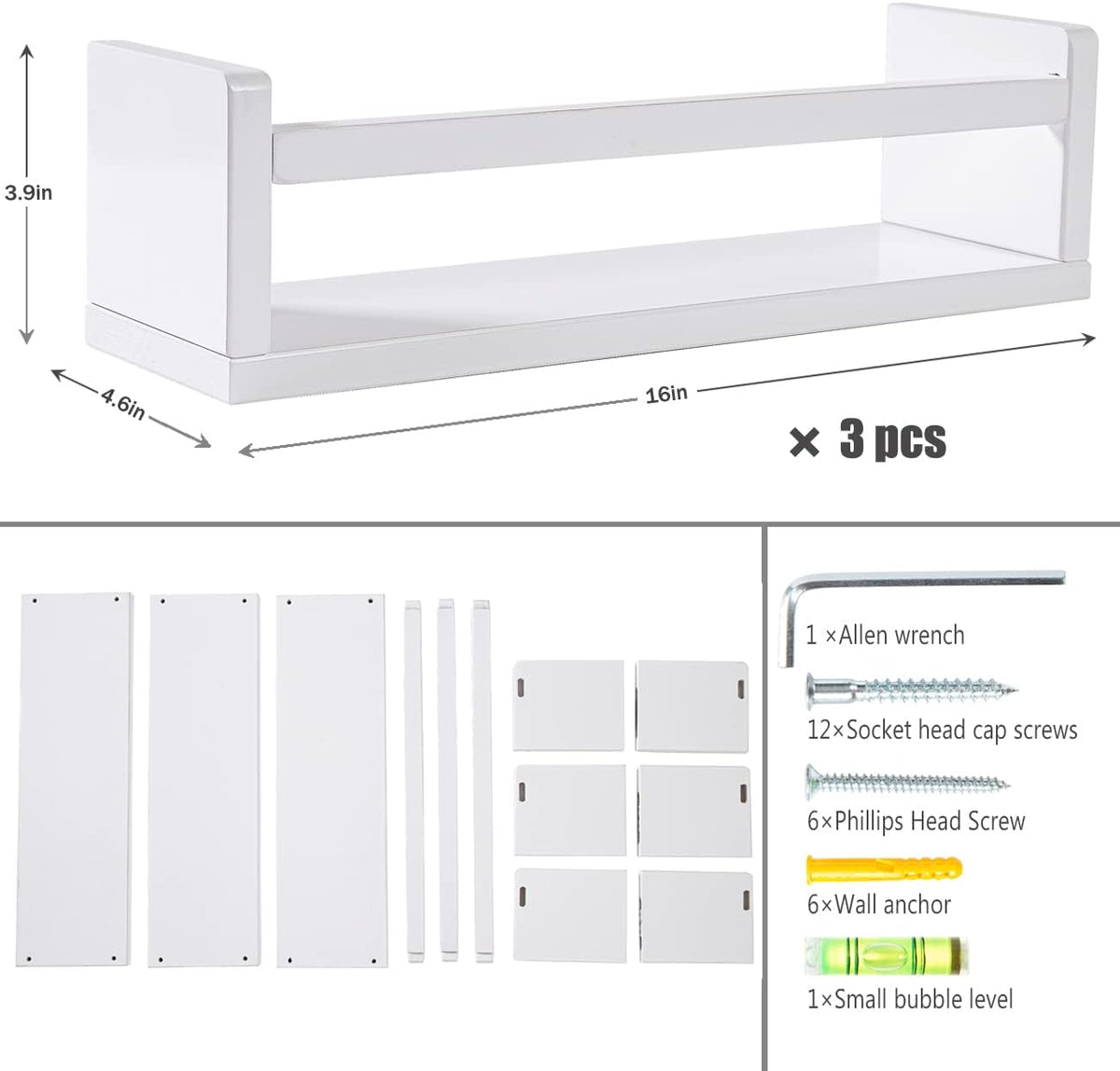 AZSKY Floating Bookshelf for Kids Room White Nursery Shelves Picture Ledge Wall Shelves for