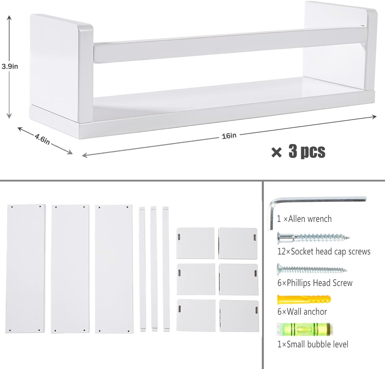 AZSKY Floating Bookshelf for Kids Room White Nursery Shelves Picture Ledge Wall Shelves for