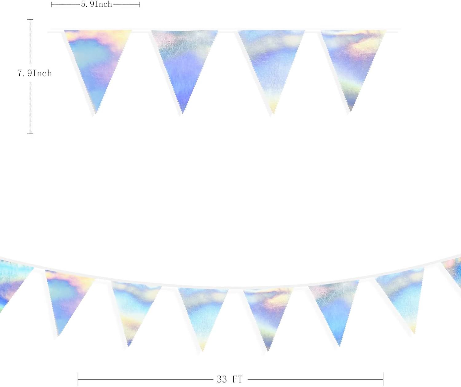 33Ft Iridescent Party Decoration Holographic Fabric Triangle Pennant Banner Flag Cotton Bunting
