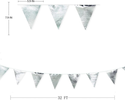 Silver Party Decorations Metallic Fabric Triangle Pennant Banner Silver Flag Bunting Garland for