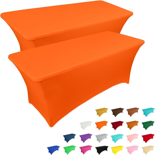 IVAPUPU 2 Pack 8FT Table Cloth for Rectangular Fitted Events Stretch Orange Table Covers Washable