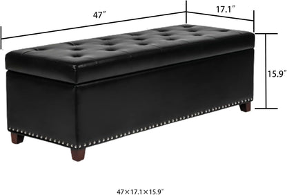 Joveco 47 Inch Storage Ottoman Bench,Tufted Leather Storage Bench with Nailhead Trim for Bedroom