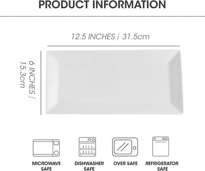 12" Serving Platters Set of 4, White Rectangular Plates, Ceramic Serving Tray, Stackable Large