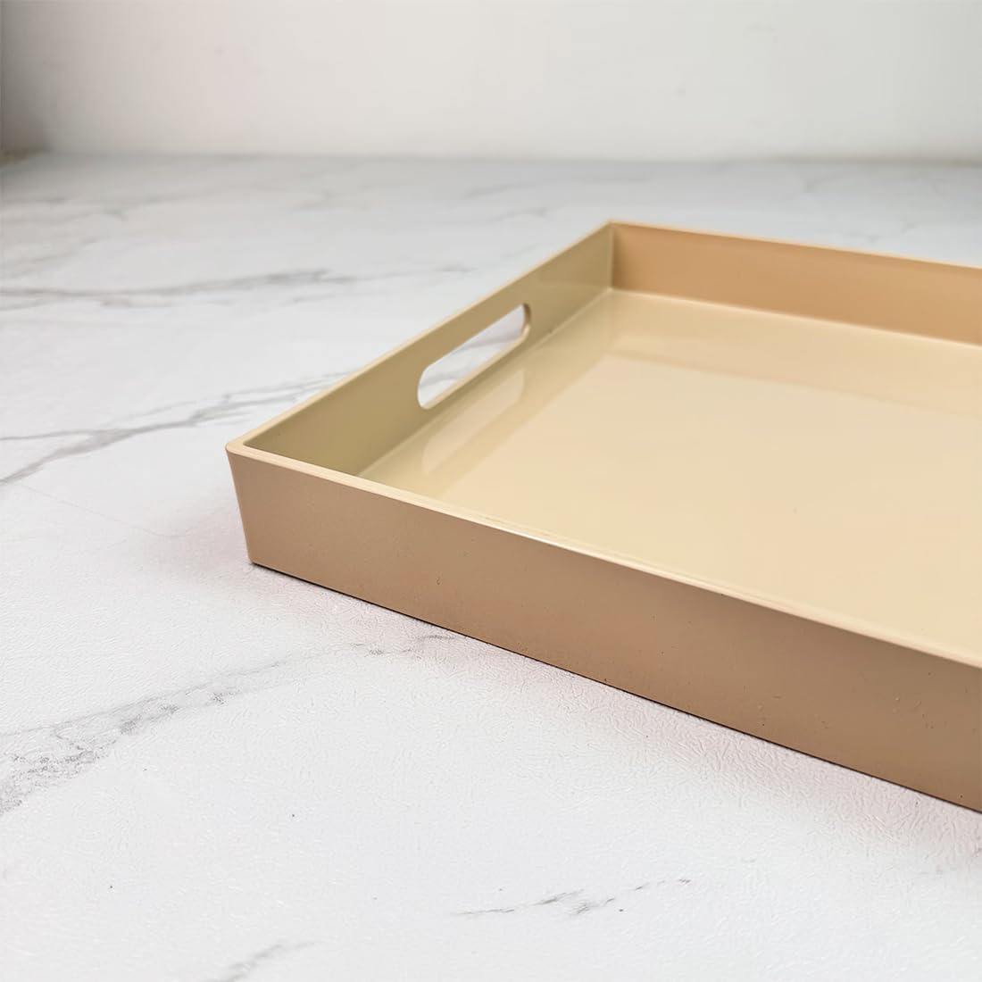 Beige Decorative Tray, Rectangular Large Serving Tray with Handles, Plastic Coffee Table Tray for