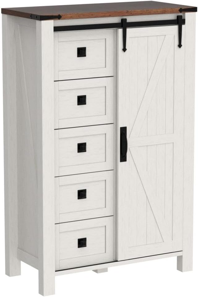 T4TREAM 5 Drawers Dresser for Bedroom w/Sliding Barn Door, Farmhouse Modern Tall Dresser 5 Chest of