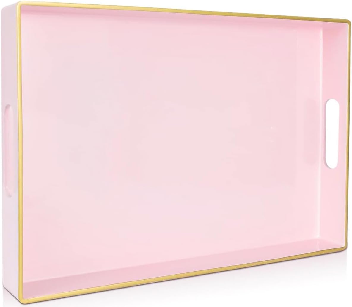 Large Pink Rectangular Decorative Tray – Plastic Serving Tray with Handles for Coffee Table