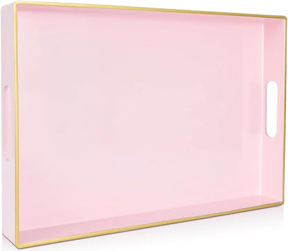 Large Pink Rectangular Decorative Tray – Plastic Serving Tray with Handles for Coffee Table