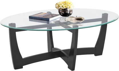 48" Oval Glass Coffee Table with Tempered Glass Top Cross and Solid Wood Base Simple & Modern