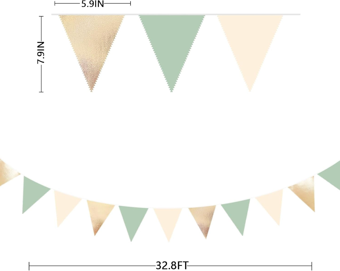 Sage Green Beige Champagne Gold Party Decorations Metallic Fabric Triangle Pennant Banner Bunting