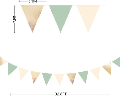 Sage Green Beige Champagne Gold Party Decorations Metallic Fabric Triangle Pennant Banner Bunting
