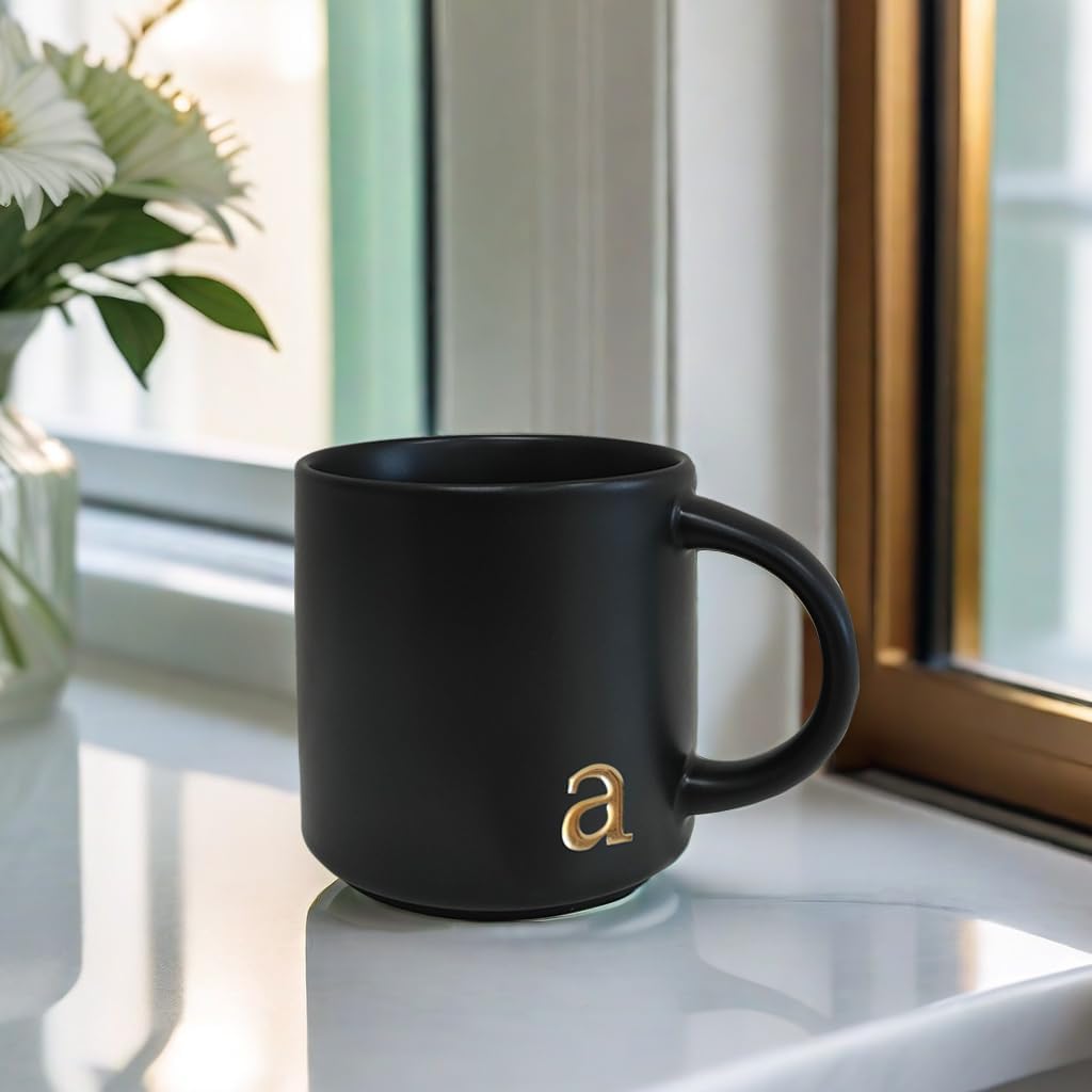 COLLECTIVE HOME - Black Monogram Ceramic Mugs, 15 oz Golden Initial Coffee Cups, Elegant Alphabet