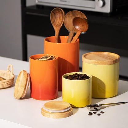 Sweejar Ceramic Food Storage Jar, Stackable Kitchen Canisters, Containers with Airtight Seal Wooden