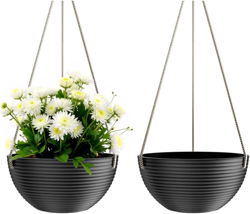 Line Pattern 10 Inch Hanging Planter for Indoor Outdoor Plants, 2 Pack Round Hanging Pots for