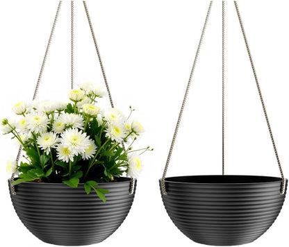Line Pattern 10 Inch Hanging Planter for Indoor Outdoor Plants, 2 Pack Round Hanging Pots for