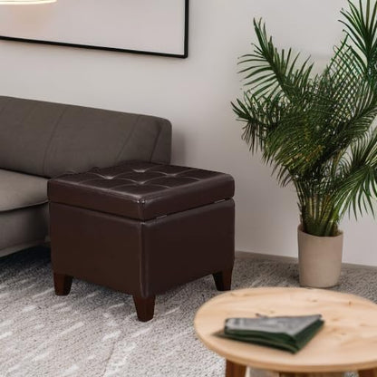Adeco 15.2" Modern Brown Faux Leather Storage Ottoman with Tufted Flip Top for Living Room, Tufted