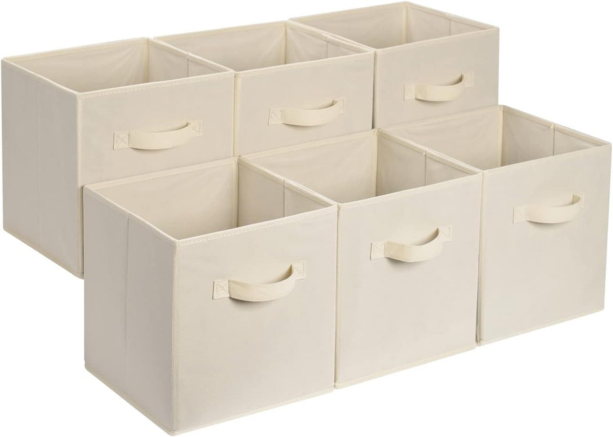 Amazon Basics Collapsible Fabric Storage Cube Bins Organizer with Handles, Sturdy, Beige