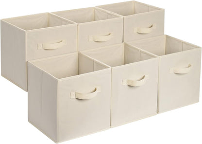 Amazon Basics Collapsible Fabric Storage Cube Bins Organizer with Handles, Sturdy, Beige