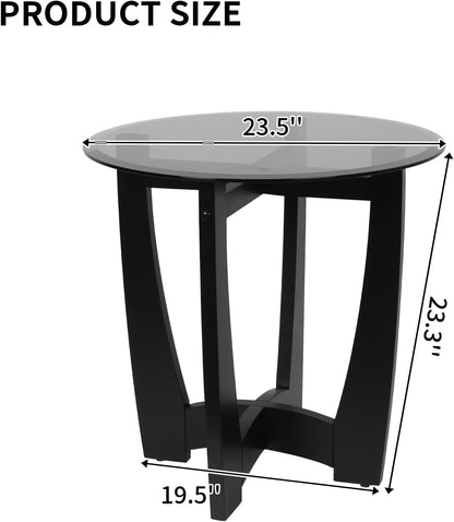 Glass End Table, 23.5" Round Side Tables with Black Tempered Glass Top Cross and Solid Wood Base