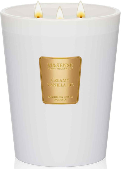 M&SENSE Extra Large Candle Creamy Vanilla Scented, 3-Wick 35oz 150H Long Lasting, Natural Soy Wax