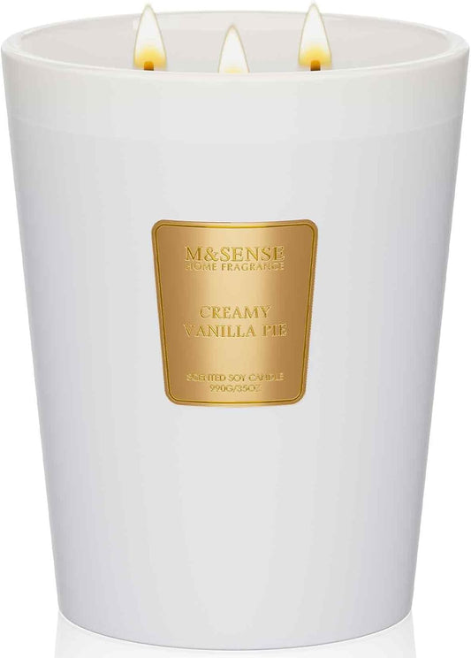 M&SENSE Extra Large Candle Creamy Vanilla Scented, 3-Wick 35oz 150H Long Lasting, Natural Soy Wax