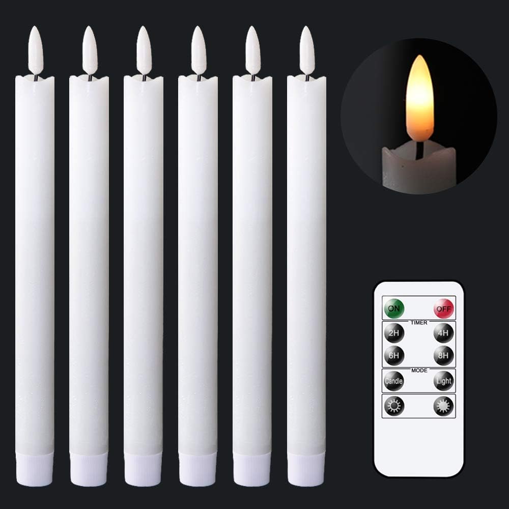 GenSwin Flameless White Taper Candles Flickering with 10-Key Remote, Battery Operated Led Warm 3D