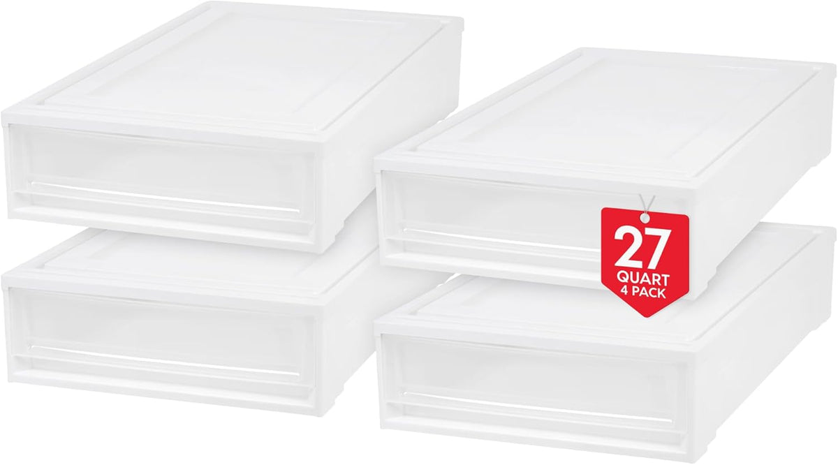 IRIS USA 27 Qt. Plastic Under Bed Storage Stackable Organizer Bin Container with Sliding Organizer