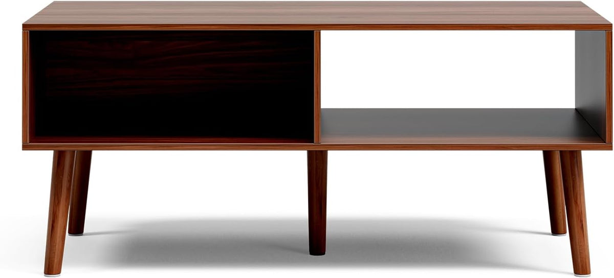 Coffee Table with Storage, Mid Century Dining Table with Sliding Fluted Door and Solid Wood Legs