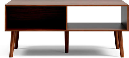 Coffee Table with Storage, Mid Century Dining Table with Sliding Fluted Door and Solid Wood Legs