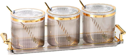 Acrylic Condiment Spice Jars,Condiment Spice Box With Lids and Spoons and Tray,Clear Plastic