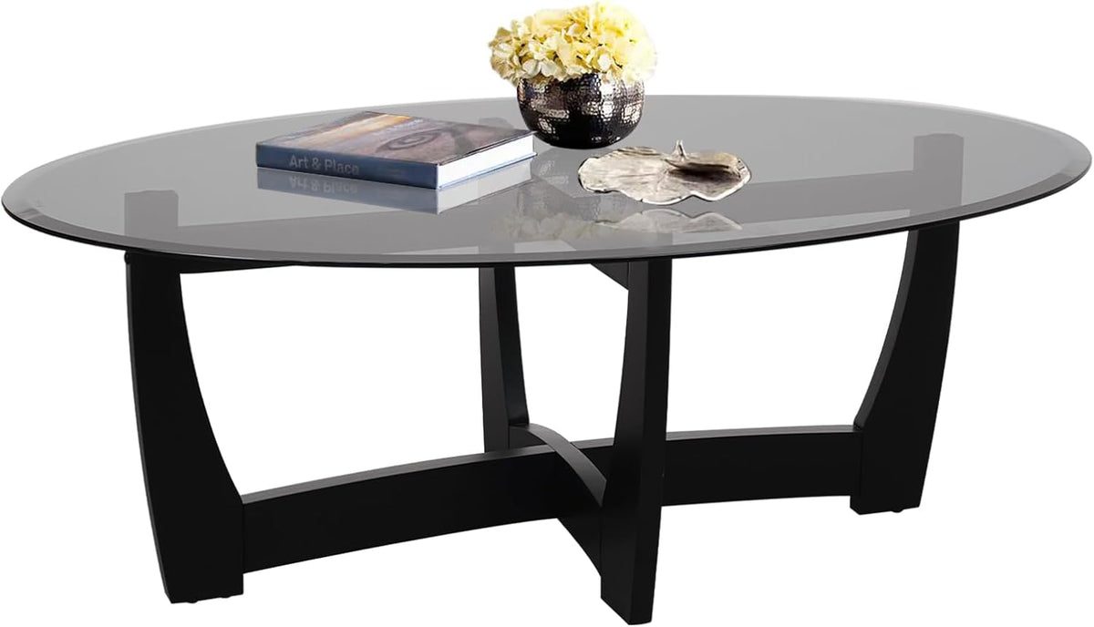 48" Oval Glass Coffee Table with Black Tempered Glass Top Cross and Solid Wood Base Simple & Modern