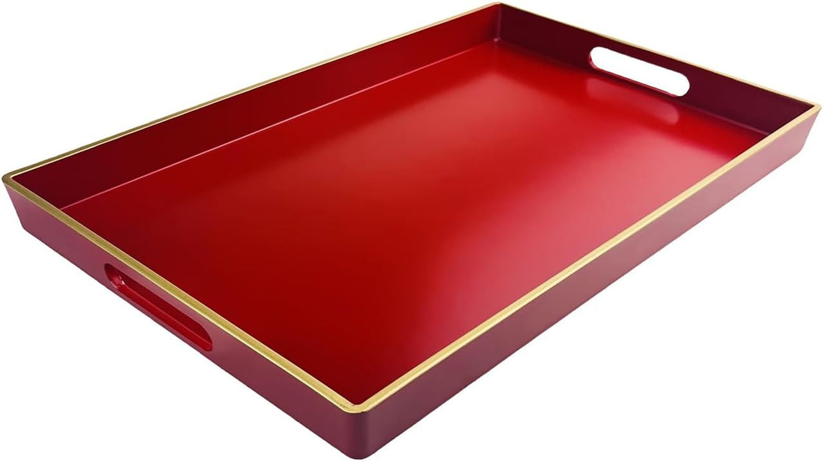 Red Decorative Tray, Rectangular Serving Tray with Handles, Plastic Coffee Table Tray for Ottoman